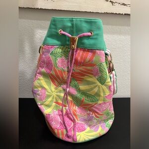 Lilly Pulitzer Canvas Drawstring Shoulder Bag With Frogs & Tropical Foliage